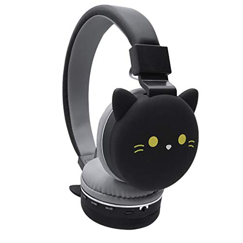 Healifty cuffie per orecchio di gatto cuffie per musica stereo 3d supporto per cuffie wireless funzione fm per telefono pc ragazza regalo di natale (nero)