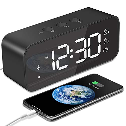 MOSUO Sveglia Digitale, Orologio Ricaricabile USB, Sveglia da Comodino LED Grande Schermo con 2 Allarme, Snooze, Registratore, Suoni e Luminosità Regolabile, Controllo Vocale, Specchio, Nero