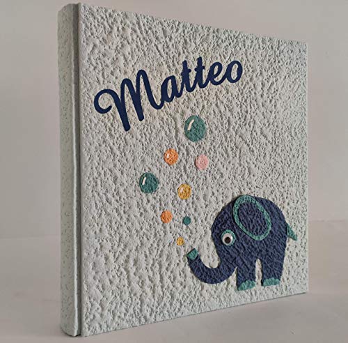 Album fotografico ELEFANTINO, elefante e bollicine in carta moon con nome INTAGLIATO in tela personalizzabile, regalo NASCITA BATTESIMO COMPLEANNO BAMBINO 2020 legnoegrafite