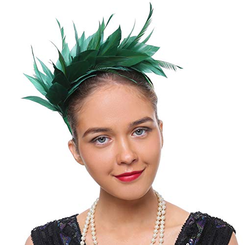 Coucoland, cerchietto anni ‘20 per capelli, con piume, da donna, per feste, anche a tema Gatsby Stile 2 – verde scuro. Taglia unica