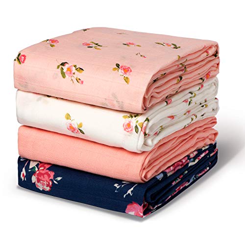 Confezione da 4 Swaddles per Bambino Momcozy con Fantasia di Fiori, 120 x 120 cm, Coperte per Bambino 70% Bambù e 30% Cotone, Morbide Coperte da Bambino per Dormire, Prodotti Essenziali Per neonati