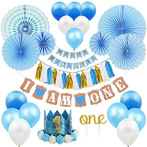 ZNZ 1st Birthday Party Decorations Boy - Primo Decorazione Festa di Compleanno per Bambini Kit Blu, Bandierine Stelle Filanti Palloncini Hanging Fan di Carta Set Cake Topper Cappellino 1 Anno Fascia