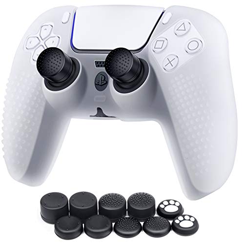 Benazcap Cover Skin in Silicone Antiscivolo Accessori per Controller PS5 Grip Skin x 1 (Bianco) con Attacchi PRO FPS Gommini Joystick Thumb Grip Attacchi x 10 (5 Paia)