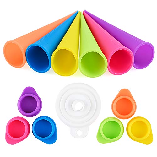 GOLDGE Stampo per Ghiaccioli, Set di 6 Stampi Ghiaccio in Silicone e 1 Imbuto, Stampo di Popsicle con Coperchi, Riutilizzabili, Flessibile, Lavabile in Lavastoviglie, Colorito