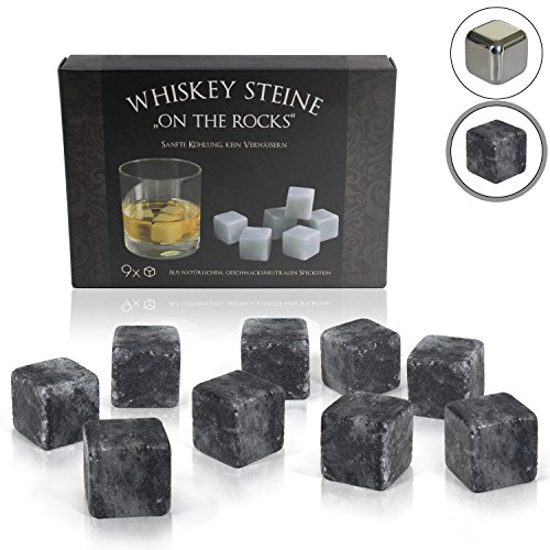 Amazy Set Whisky Stones in pietra ollare naturale (9 PEZZI) incl. Sacchetto di velluto - Cubetti ghiaccio Whisky in pietra ollare naturale, riutilizzabili e con confezione regalo