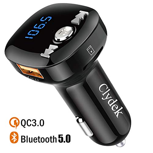 Trasmettitore FM Bluetooth, Clydek V5.0 Bluetooth Adattatore per Autoradio con Chiamata a Mani Libere, Doppia Ricarica Rapida USB e QC3.0, Supporto per Lettore Musicale Unità USB e Scheda TF