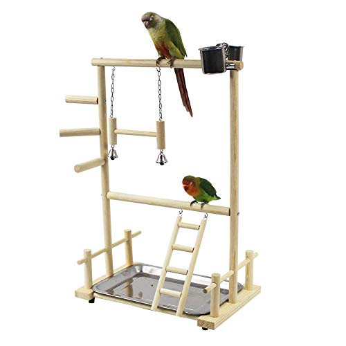 Deeabo Supporto per uccelli in legno a doppio strato, supporto per uccelli Mangiatoia per pappagallo Scaletta Altalena Campana per uccelli Atletico Giocattolo per efficacemente salute degli uccelli