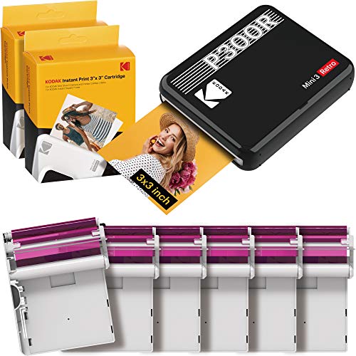 Kodak Mini 3 Stampante portatile per Smartphone + 6 Cartucce, Foto istantanee formato quadrato 76x76 mm, Bluetooth e Wireless - Nera