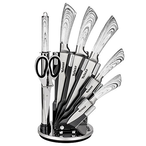 Velaze Set Coltelli, Coltelli Cucina Set 8 Pezzi, Ceppo Coltelli, Set di Coltelli Professionali Chef in Acciaio Inossidabile con Blocco Coltelli Girevole - Argento