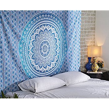 Aakriti Gallery Tapestry Regina Verde Ombre Hippie Arazzo Mandala Bohemian Psichedelico intricato Indiano copriletto 233,7 x 208,3 cm (Blue)