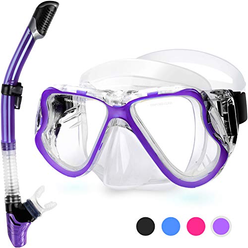 Fenvella Set Snorkeling, Anti-Fog Maschera Snorkeling con Panoramica a 180 Gradi e Boccaglio Snorkel, Kit Snorkeling Professionale per Adulti (Viola)