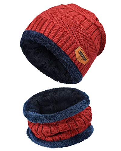 heekpek Berretto Uomo in Maglia per Inverno Caldo Cappello Beanie con Sciarpa Berretto Uomo Beanie Cappelli (Rosso)