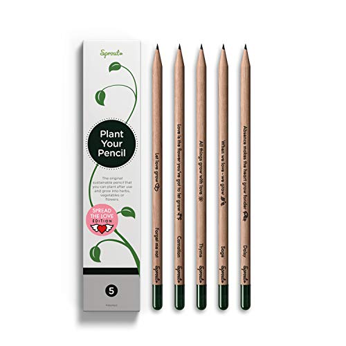 Sprout Pencils | Matite Sprout Love Edition | Scatola da 5 | Matite da disegno in grafite piantabili | In legno organico e naturale | Set da regalo con un cuore | Frasi tenere