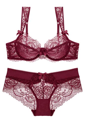 SHEKINI Completi Intimi Donna Bowknot Pizzo Trasparente Reggiseno e Mutandine (Vino Rosso,34C)