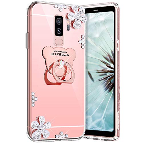 Robinsoni Cover Compatibile con Samsung Galaxy S9 Plus Custodia Flessibile Galaxy S9 Plus Silicone Brillante Glitters Cover 360 Rotante Custodia Anello Cover Sottile Gel Ultra Morbido Cover Oro Rosa