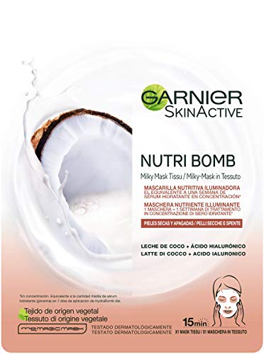 Garnier NutriBomb Maschera in Tessuto Nutriente Illuminante, per Pelli Secche e Spente, Arricchita con Latte di Cocco e Acido Ialuronico - 28 g, Confezione da 1