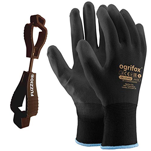 24 paia di guanti da lavoro rivestiti poliuretano e supporto clip per guanti FUZZIO (XL - 10, Nero)