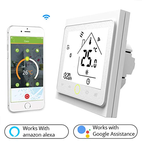 Termostato WiFi per Caldaia a Gas/Acqua,Termostato intelligente Schermo LCD(TN schermo) Touch Button Retroilluminato Programmabile con Alexa Google Home e Telefono APP-Bianco