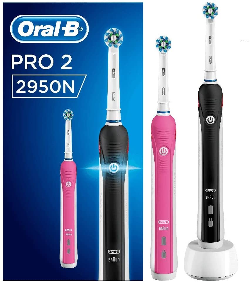 Oral-B PRO 2 2950N CrossAction Spazzolino Elettrico Ricaricabile con 2 Manici Connessi, di cui 1 Rosa e 1 Nero, 2 Testine di Ricambio e 2 Modalità, tra cui Protezione Gengive