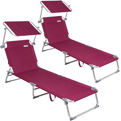 Casaria Lettino Prendisole Pieghevole 2 Pezzi Ibiza con Tetto Telaio Metallo 190x59x29cm Lettino a Sdraio Mare Spiaggia Piscina Giardino Rosso