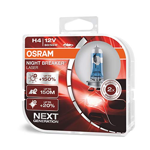 OSRAM NIGHT BREAKER LASER H4, next generation, +150% di luce, lampada da proiettore alogena, 64193NL-HCB, 12V, auto, duo box (2 lampade)