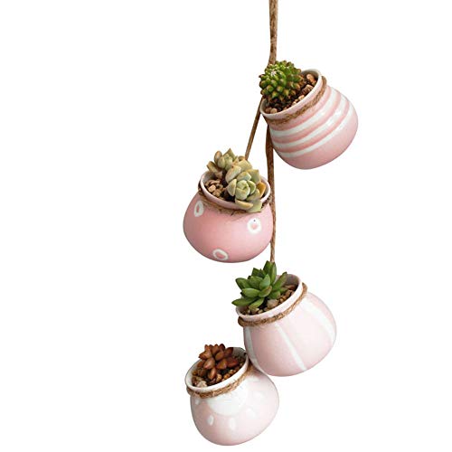 Xihaoer 4-Pot Bright Pastel Ceramic Hanging Flower Planter Set (Rosa)