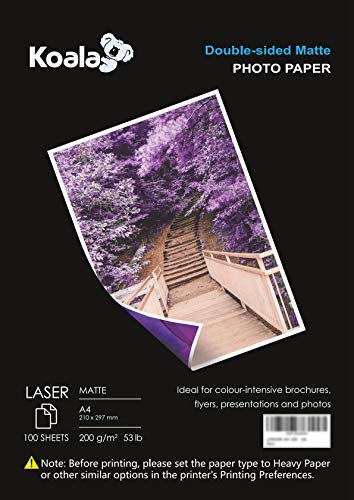 KOALA Carta fotografica Laser opaca fronte/retro, A4, 200 g/m², 100 fogli, 210x297mm, per tutte le stampanti e le fotocopiatrici LASER