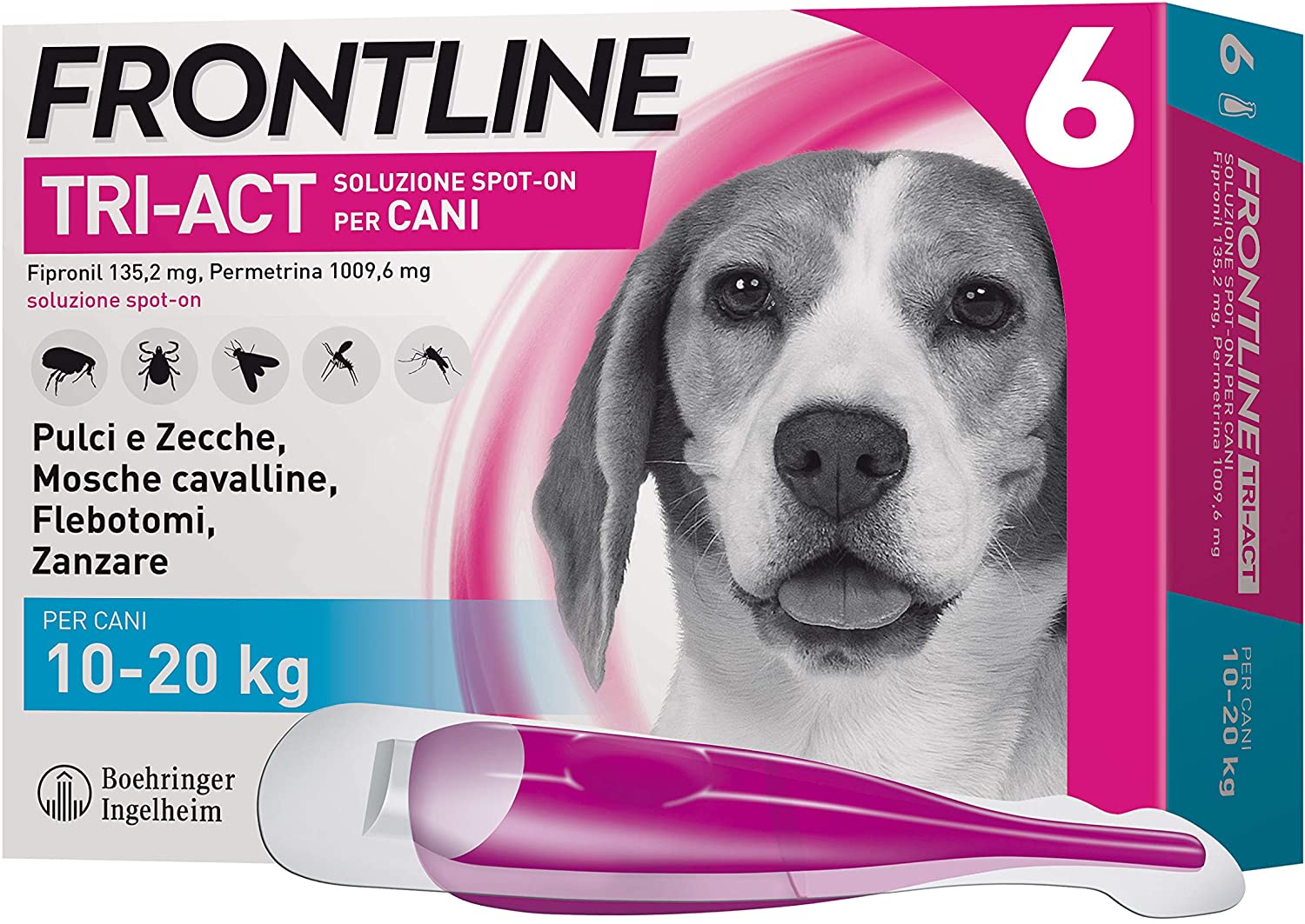 Frontline TriAct Spot On Cani | Protezione da pulci, zecche, mosche cavalline pappataci | 6 Pipette | Cane M (10 -20 Kg)