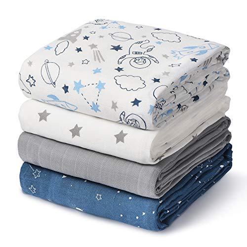 Confezione da 4 Swaddles per Bambino Momcozy con Modello dell'universo, 120x120 cm, Coperte per Bambino 70% Bambù e 30% Cotone, Morbide Coperte da Bambino per Dormire, Prodotti Essenziali Per neonati