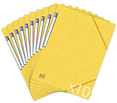 Oxford TopFile+ - Lotto di 10 cartelline in cartoncino, senza alette, con elastico, formato A4, colore: giallo