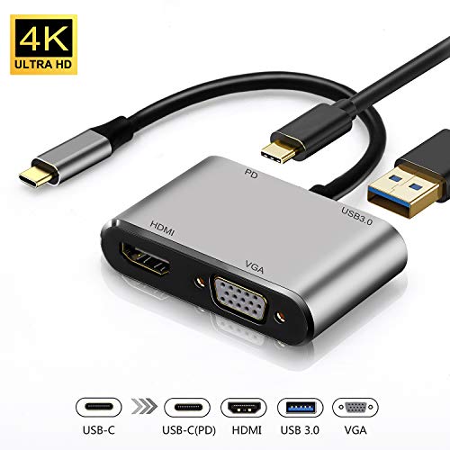 USB C Hub to VGA HDMI, da USB C a HDMI 4K, VGA 1080P, Hub 4 in 1 Adattatore Tipo C USB 3.0, carica PD da 87 W per MacBook/Pro, Huawei P20 / Mate 20 Pro, Samsung S8 / S9 - Grigio