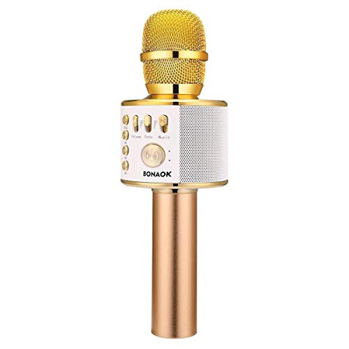 Microfono Karaoke Wreless Bluetooth BONAOK, 3-in-1 Palmare Portatile Karaoke Mic Regalo di Compleanno Altoparlante per Feste a Casa per iPhone/Android/iPad,PC Smartphone Oro chiaro