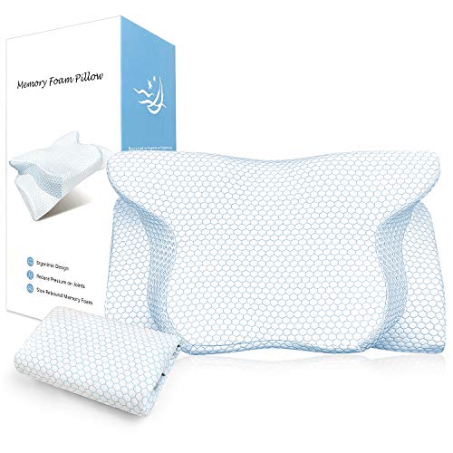 BESFAN Cuscino Memory Foam, Cuscino Cervicale Memory Foam, Cuscino Ergonomico Letto in Memory Foam Ergonomico per Dolori a Collo e Cervicali, 2 Federa（Bianco + Blu）, 2 Altezze