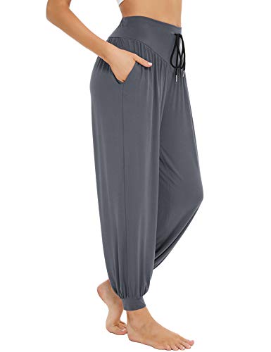 Sykooria Pantaloni da Yoga Donna Larghi Alta Vita Pantaloni Harem Elasticità Modal Cotone con Tasche - Grigio XL