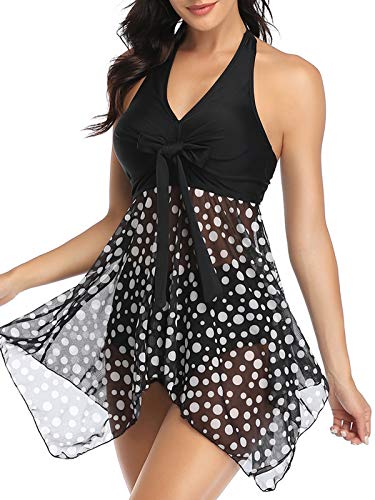 FLYILY - Costume da bagno da donna con stampa patchwork, imbottito, alla moda, con allacciatura al collo, con orlo irregolare, tankini Nero XXL