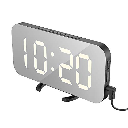 EXTSUD Sveglia Digitale con Display a Specchio Orologio Sveglia Elettronica con Luce Notturna Grande LED Schermo 12/24H Funzione Pisolino 2 Porte USB per Ricarica Smartphone