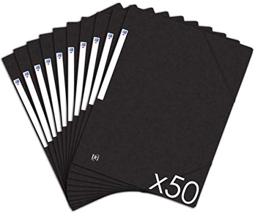 Oxford TopFile+ - Lotto di 50 cartelline in cartoncino, 3 alette, formato A4, chiusura con elastico, colore: nero
