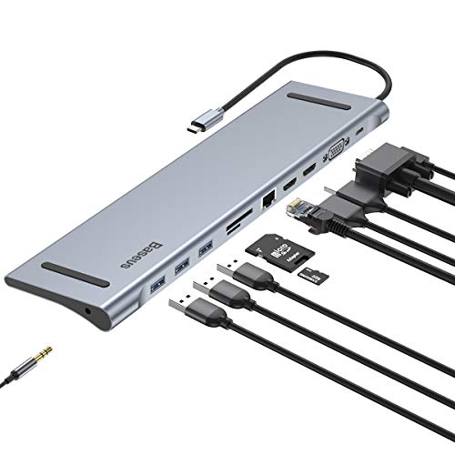 Baseus Hub USB C, Adattatore Tipo C HUB 11 in 1, Docking Station, Porta Ethernet Gigabit, 3*USB 3.0, HDMI*2, VGA*1, 3.5mm audio, SD/TF per MacBook Pro Air dell Xps Samsung Dex S10 Huawei Mate ECC