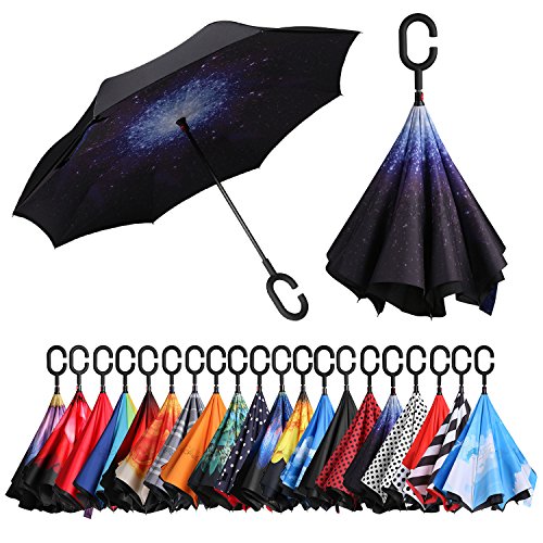 Eono by Amazon - Doppio Strato Invertito Ombrello, Manico a Forma di C Ombrello Ribaltabile inverso, Reverse Folding Umbrella, Anti UV Antivento Umbrella di Viaggio Inverted Umbrella