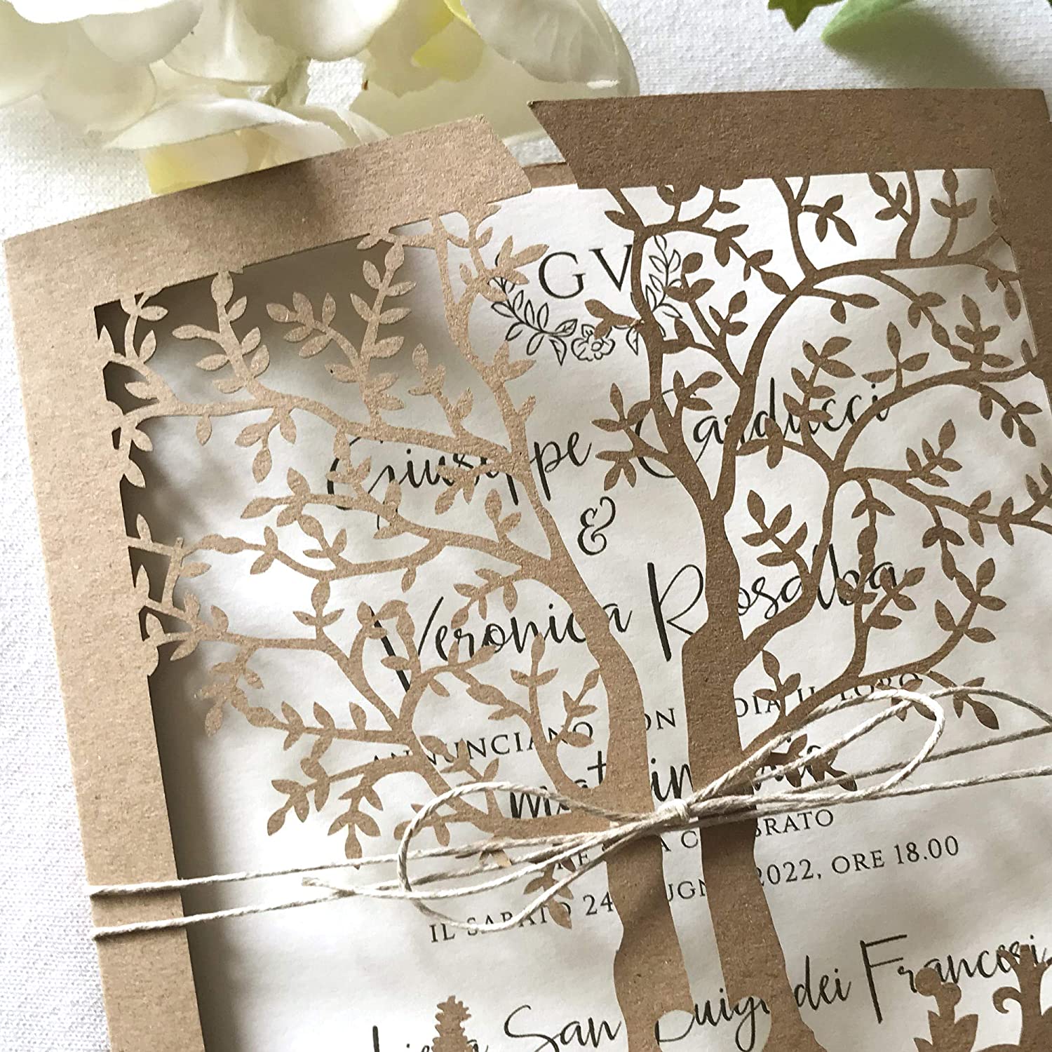 CAMPIONE DELLA PARTECIPAZIONE matrimonio Albero della vita, fai da te rustiche shabby chic SET anniversario, DIY carta kraft taglio laser con busta e inserto