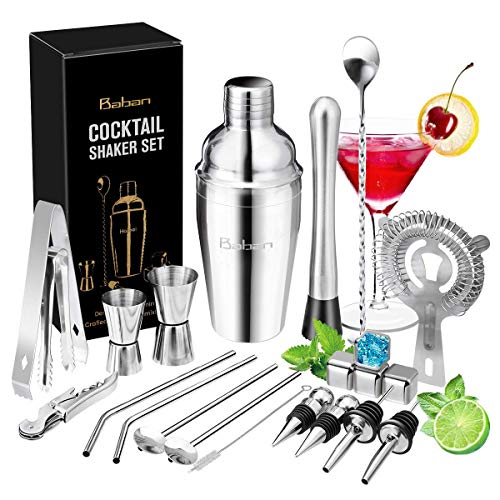 Baban set cocktail 22 pezzi,set cocktail professionale,Compreso 4 Whisky Stones in Acciaio Inox-Whisky completo Set di Regalo,non è necessario l'extra acquistare di Whisky Stones in Acciaio Inox