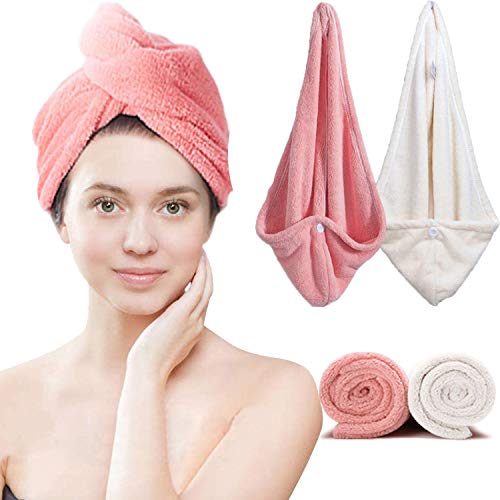 Asciugamani per Capelli a Turbante, Microfibra con Bottone, Asciugamani Assorbente Doccia con Pulsante per Tutti i Tipi di Capelli e Lunghezze, Capelli Bagnati Asciugamani da Doccia (pink&white)