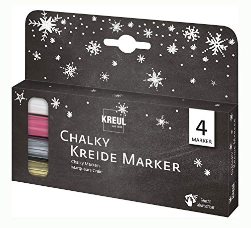 Kreul Chalky 22708 - Set di 4 pennarelli invernali con punta arrotondata stabile, circa 2-3 mm, opaco, non - gesso liquido permanente, per disegnare su lavagne, lavagne o superfici in vetro