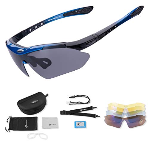 ROCKBROS Occhiali da Ciclismo Occhiali Polarizzati Sportivi Anti-UV 400 Protezione con 5 Lenti Intercambiabili Ultra-Leggeri Unisex (Blu)