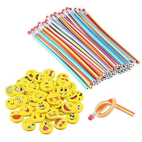 LATERN 80 PCS Set riempire Il Sacchetto del Partito dei Capretti, matite Elastiche morbide e Flessibili Emoji Smile Gomme con Piega Magica Giocattoli Divertimento Scolastico Attrezzature fisse