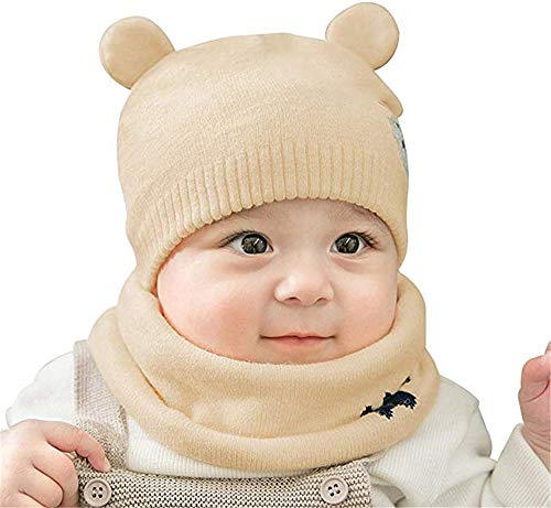 WIKEA Cappello del Bambino, Autunno Invernale Carina Beanie Cappelli Berretto Bambini Infantili del Cappello per 0-36 mesi Bambino Set di Sciarpe (Beige)
