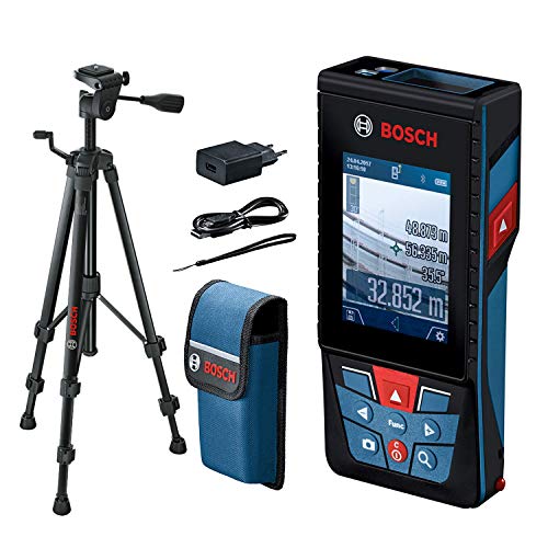 Bosch Professional Distanziometro laser GLM 120 C (fotocamera, trasferimento dati Bluetooth, 0,08 – 120 m; con cinturino di trasporto, cavo micro-USB e caricabatteria, custodia protettiva, Treppiede)
