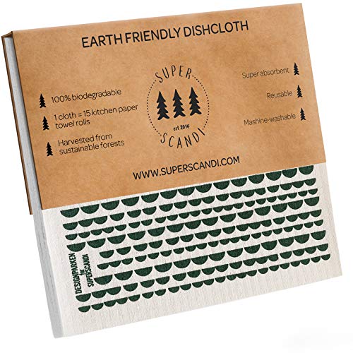 SUPERSCANDI - Strofinacci svedesi ecologici, riutilizzabili, sostenibili, in cellulosa biodegradabile, panni per la pulizia della cucina, stoviglie, Verde luna, 5 Pack Printed