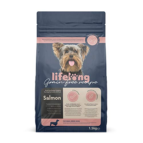 Marchio Amazon - Lifelong - Alimento secco completo per cani con salmone fresco. Ricetta senza grano - 1,5 kg