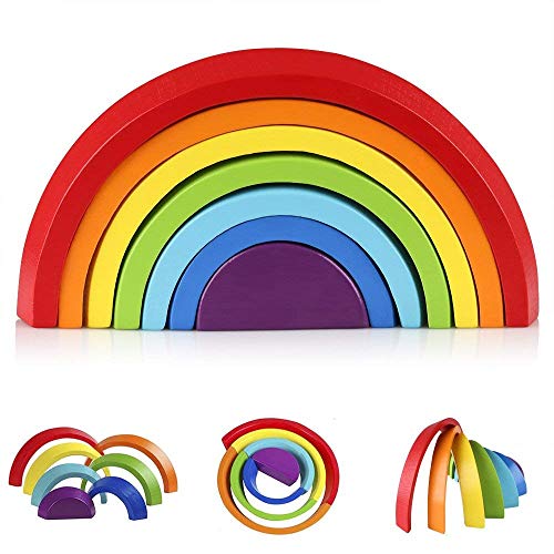 Afunti Legno Arcobaleno Blocchi,7 Colori Legno Impilabile Arcobaleno Forma Giocattoli Educativi in Legno per Bambini